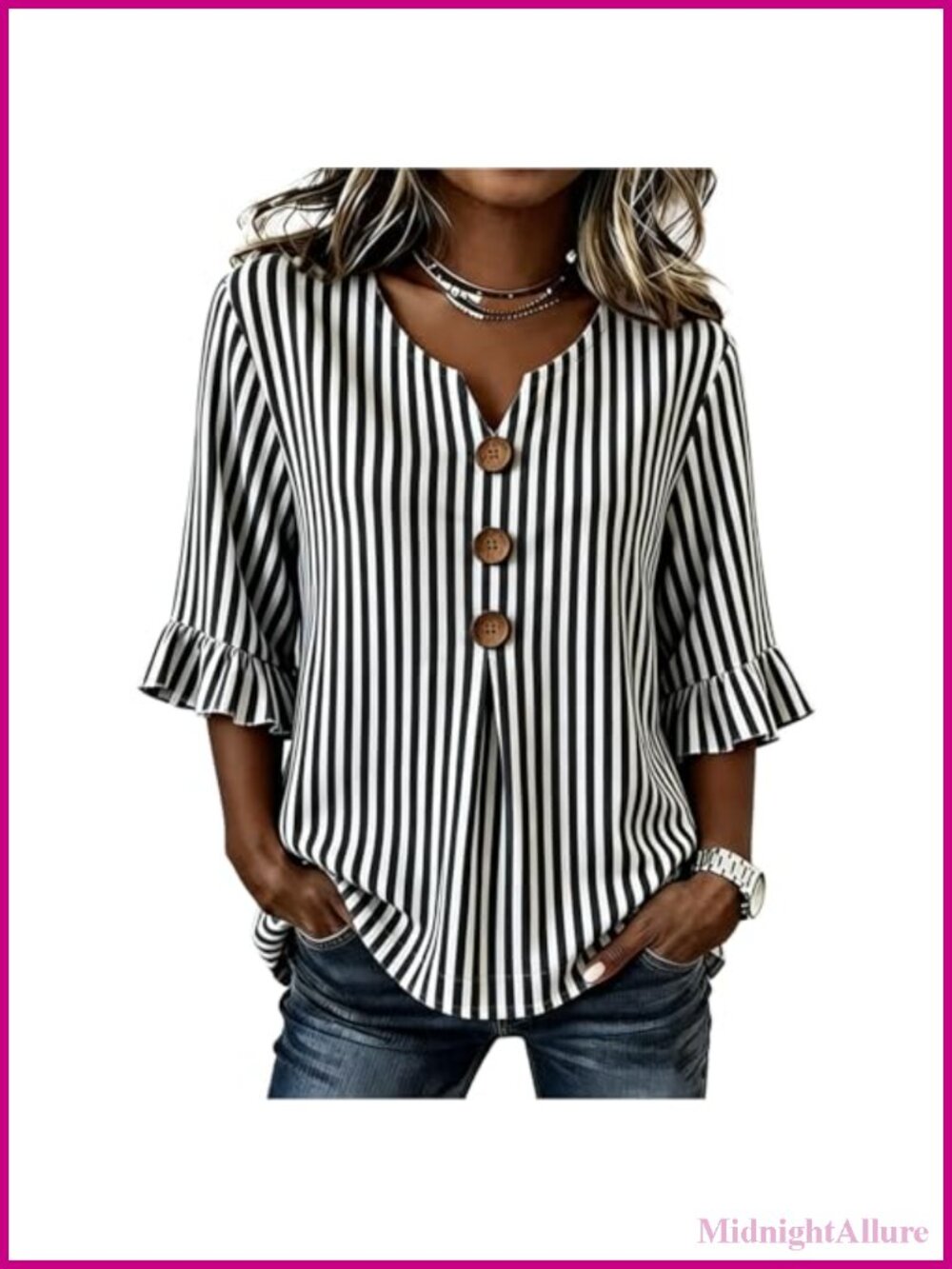 Women's V-Neck 3/4 Sleeve Blouse Striped Button Front Work Top